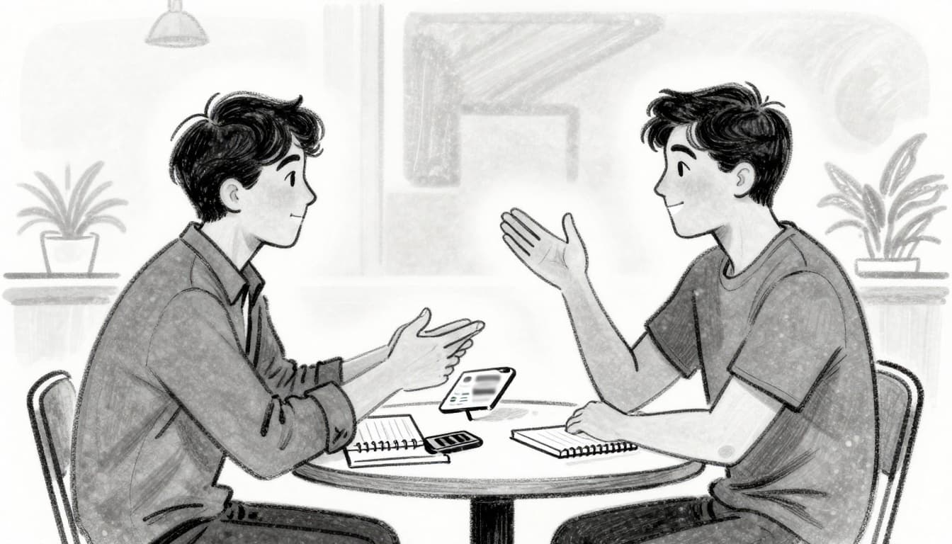 Hand-drawn graphite sketch of two people relaxedly shaking hands over a cafe table with notebooks containing business notes and a blurred phone contacts app between them, illustrating partnerships for business growth.