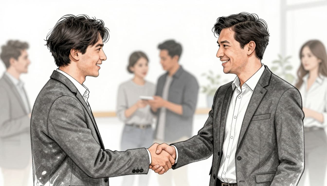 Two business owners shaking hands at a casual networking event in a community center, smiling and exchanging business cards, with blurred attendees in the background. Hand-drawn sketch style featuring graphite linework, light shading, and clean white background.