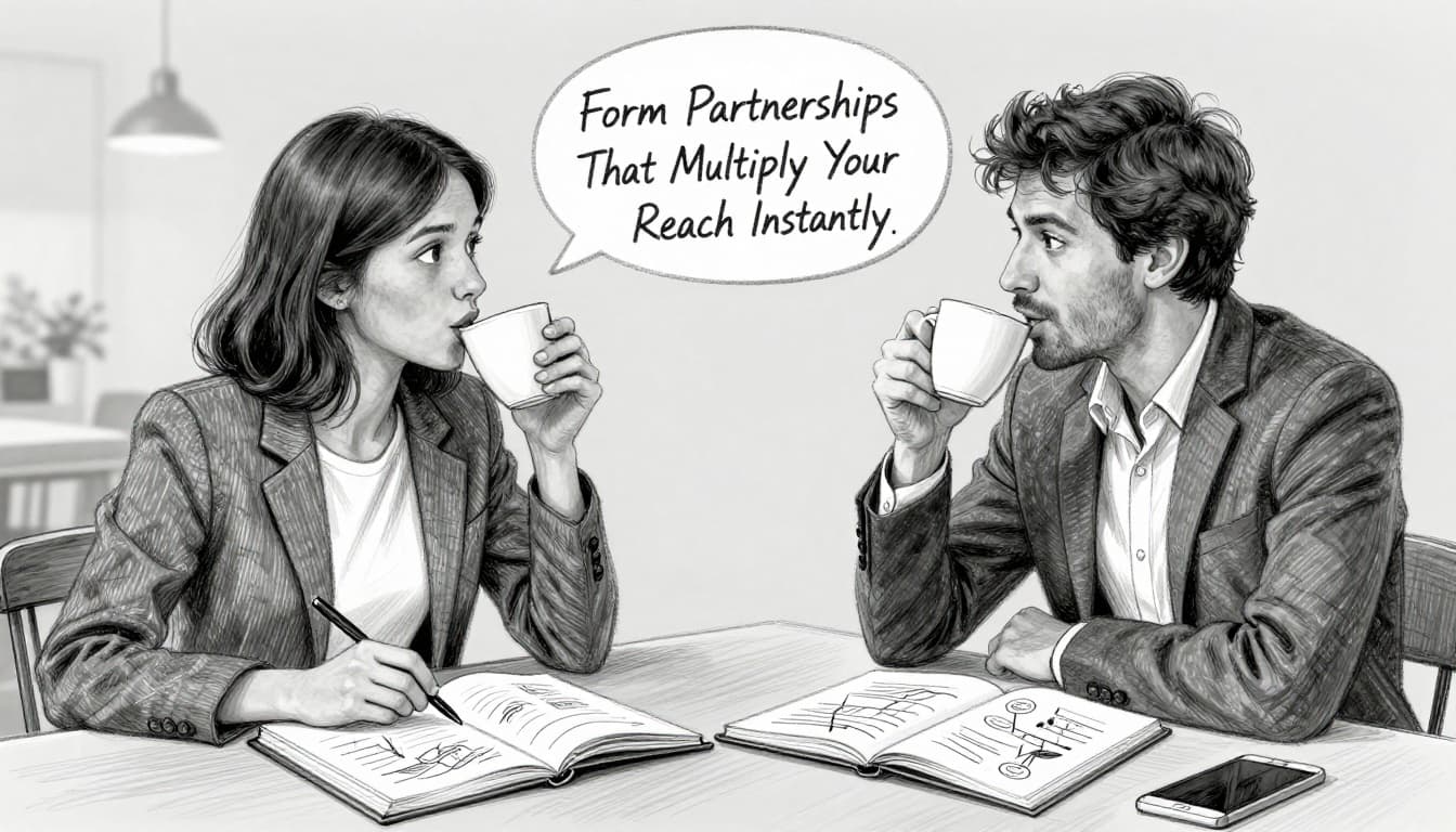 Two business partners collaborate on a joint promotion idea over coffee at a cafe table, with open notebooks and sketches, in a friendly discussion pose. Hand-drawn graphite linework sketch style with light shading on a clean light gray background, exactly two people, no text.