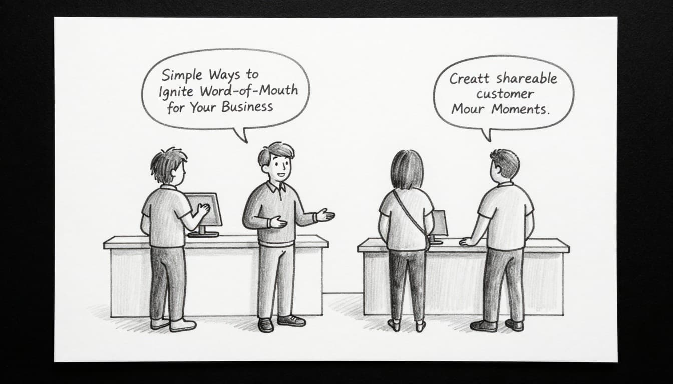 Hand-drawn sketch sequence showing a server delighting a customer at the counter, followed by the customer excitedly telling two friends. Graphite linework with light shading on clean white paper background, featuring exactly four people in relaxed natural poses, no text or logos.