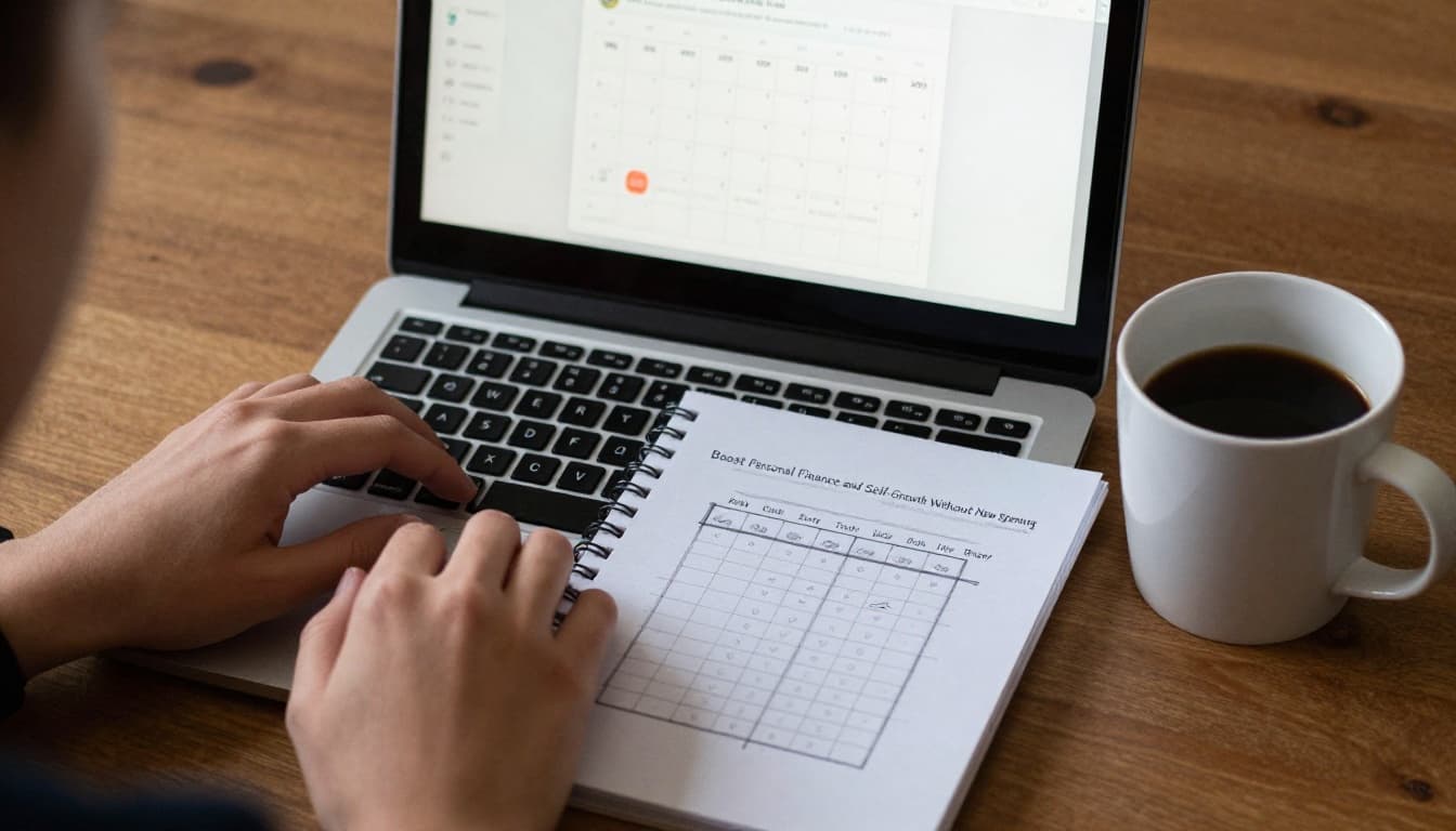 Hand-drawn sketch of a person at a home desk with laptop open to blurred online course interface, calendar marked 30 minutes daily, simple progress chart on paper, and coffee mug nearby. Light shading on clean light gray background, landscape orientation.