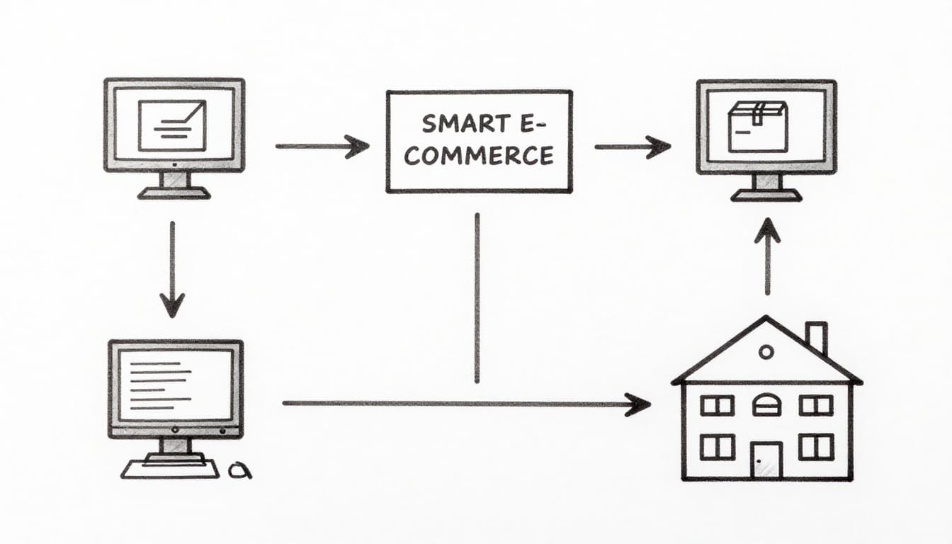 Simple hand-drawn sketch flowchart showing order from computer to supplier directly to customer house, no inventory stacks. Clean horizontal composition with graphite lines and light shading on white paper.