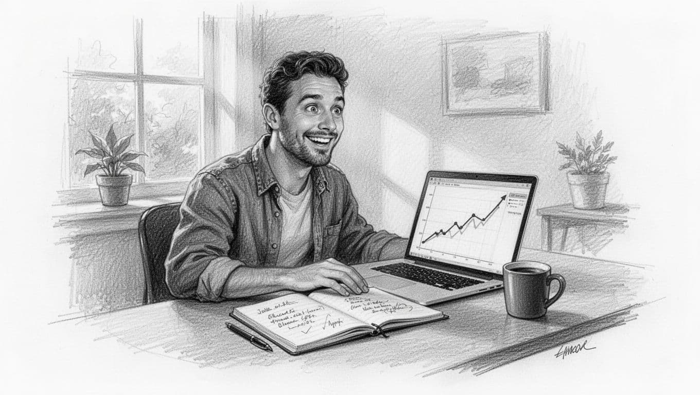 Hand-drawn graphite sketch of a single founder in casual clothes at a cozy home office desk, with laptop displaying rapidly growing waitlist signups to 10k, wide-eyed excited smile, notebook and coffee mug nearby, soft lighting on white paper.