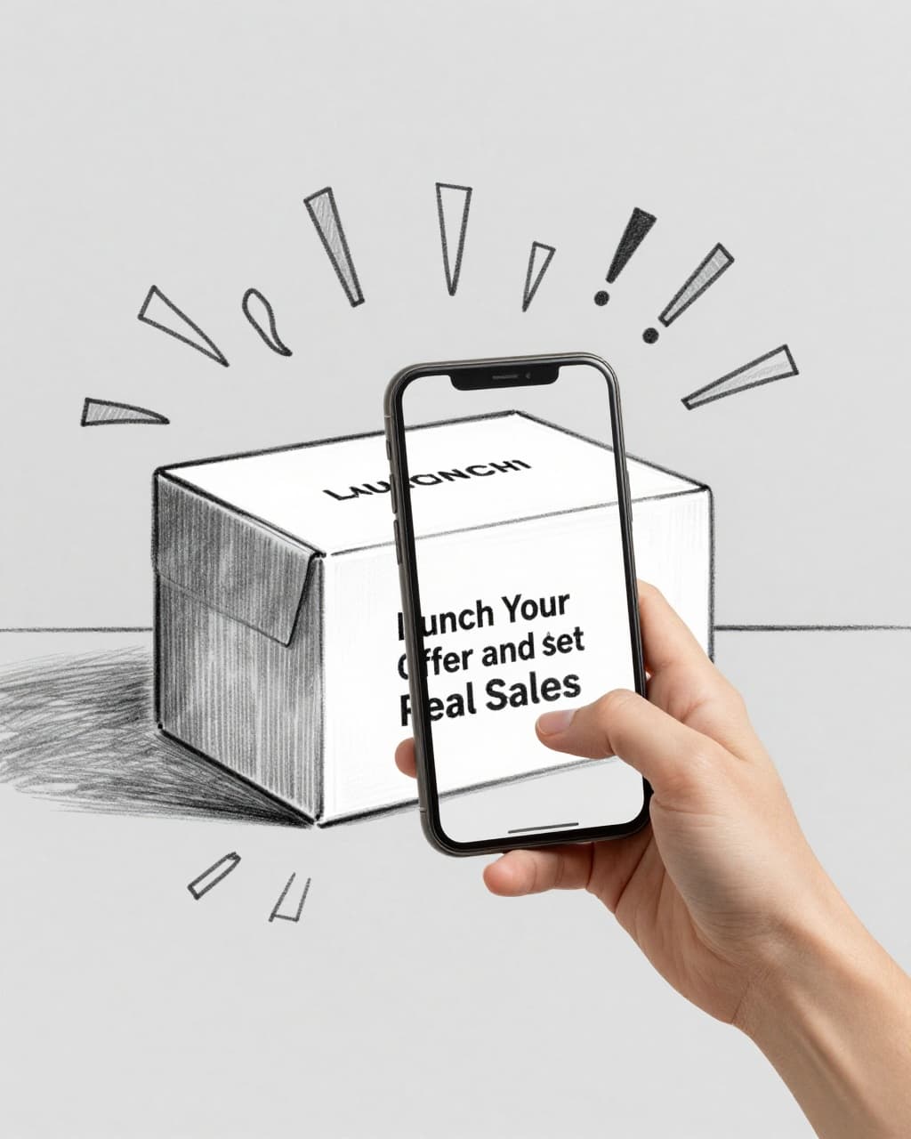 Hand-drawn sketch of one excited person holding a phone in video call gesture with product box on table, confetti icons around, simple room, graphite linework and light shading on light gray background.