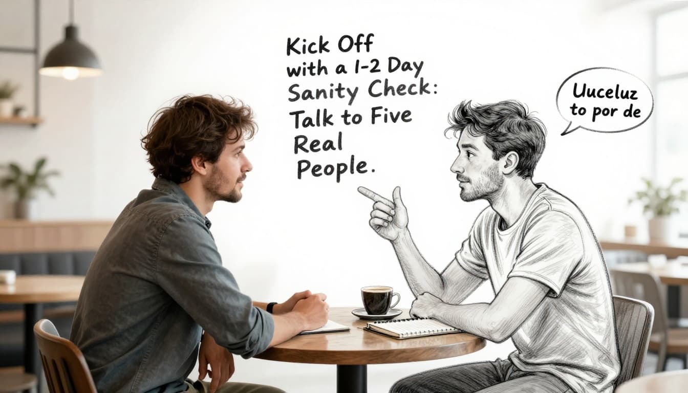 Hand-drawn graphite sketch of a founder in casual clothes sitting across a cafe table from one customer, engaged in relaxed conversation with coffee cups and notebook on table, warm cafe interior.