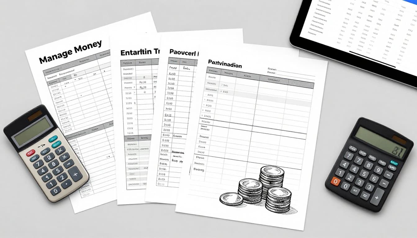 Hand-drawn graphite sketch of a desk with financial charts, invoices, calculator, angled laptop dashboard, and coin stacks on light gray paper background, emphasizing organized admin tools in landscape composition.