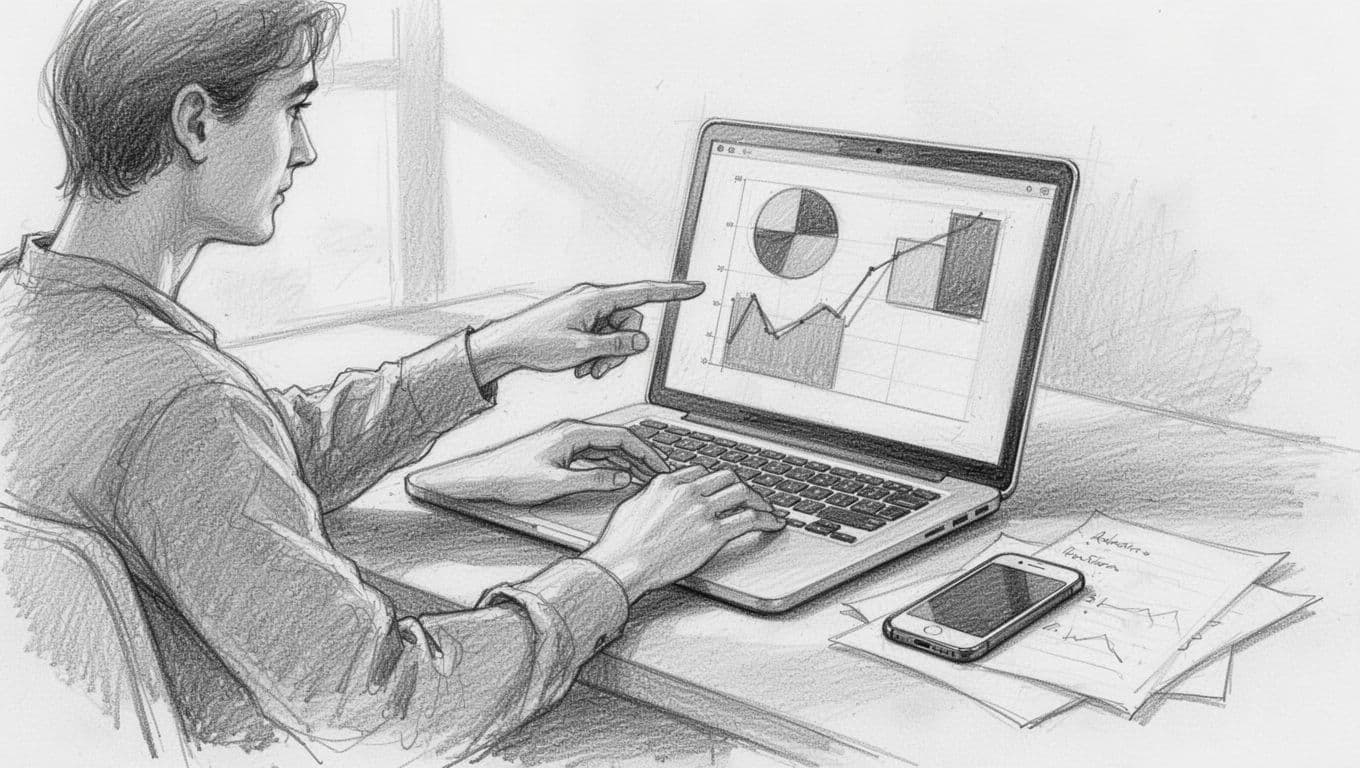 Hand-drawn graphite sketch of a founder pointing relaxedly at a laptop screen showing an ad dashboard with charts for clicks, signups, and conversion rates, in a cozy setup with phone and notes on a white paper background.