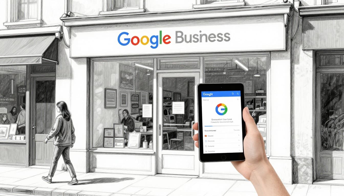 Hand-drawn graphite sketch of a local shop storefront with the owner updating Google Business Profile on a tablet outside, customers walking by on a sunny street, wide composition showing business and device, light shading on clean white background.