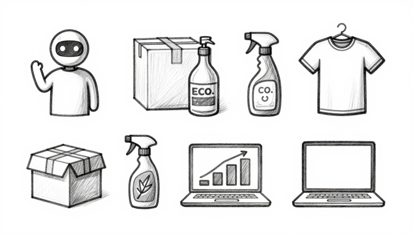 Hand-drawn graphite sketch icons on white paper depicting low-cost business trends: AI chatbot, dropshipping package, print-on-demand t-shirt, eco-cleaning spray bottle, and freelance laptop, arranged in a balanced grid with subtle shading.