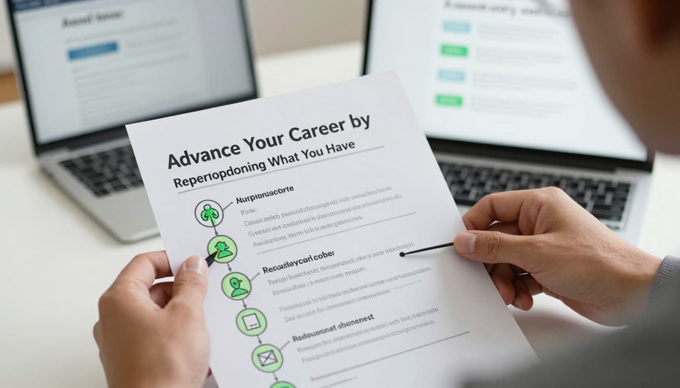 Hand-drawn sketch of an office worker thoughtfully examining a paper resume at a desk, connected by lines to icons representing AI, healthcare, green energy, and sales jobs, with a nearby laptop showing a blurred job search screen on a clean light gray background.