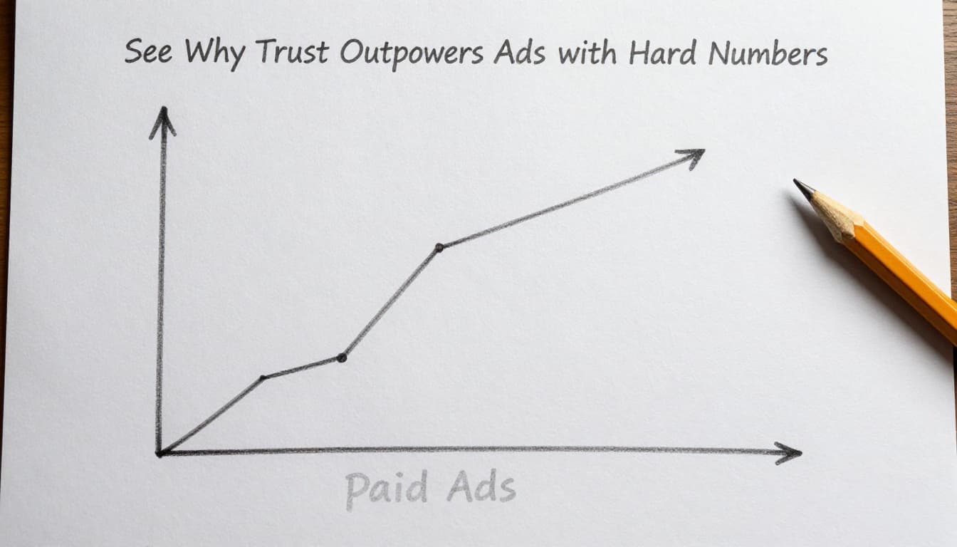 Hand-drawn line graph on paper depicting steep upward organic trust revenue growth line compared to flat paid ads line, on a desk with pencil and notes, graphite style with light shading on light gray background.