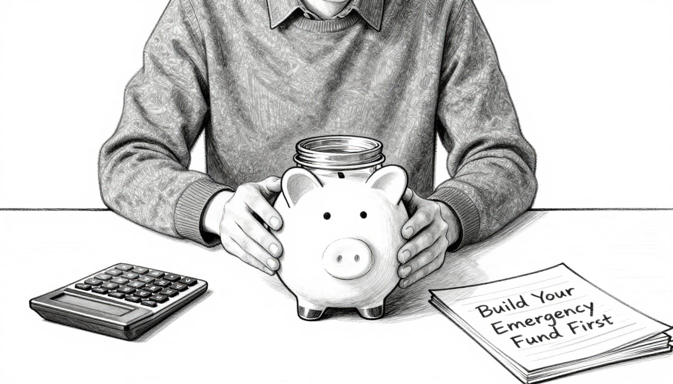 A hand-drawn graphite sketch of a person at a desk in a simple home office, adding money to a savings jar next to a piggy bank and calculator, centered on clean white paper with light shading.
