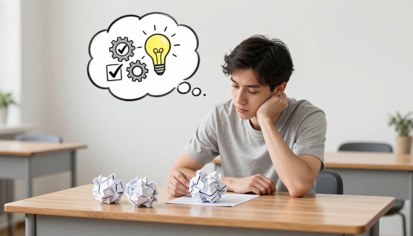 A thoughtful person at a wooden desk examines a crumpled paper ball symbolizing failure, with a thought bubble above depicting a lightbulb and gears transforming into lessons learned icons like checkmarks, in a hand-drawn graphite sketch style.