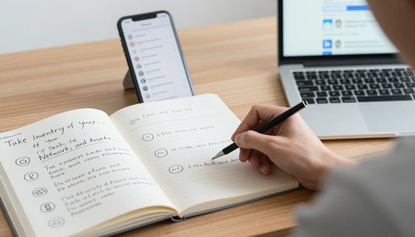 Hand-drawn sketch of a focused person at a simple wooden desk with an open notebook displaying skill icons like leadership and sales, a propped-up smartphone showing generic contacts, and an angled laptop with a blurred LinkedIn-like interface, illustrating the self-audit process.