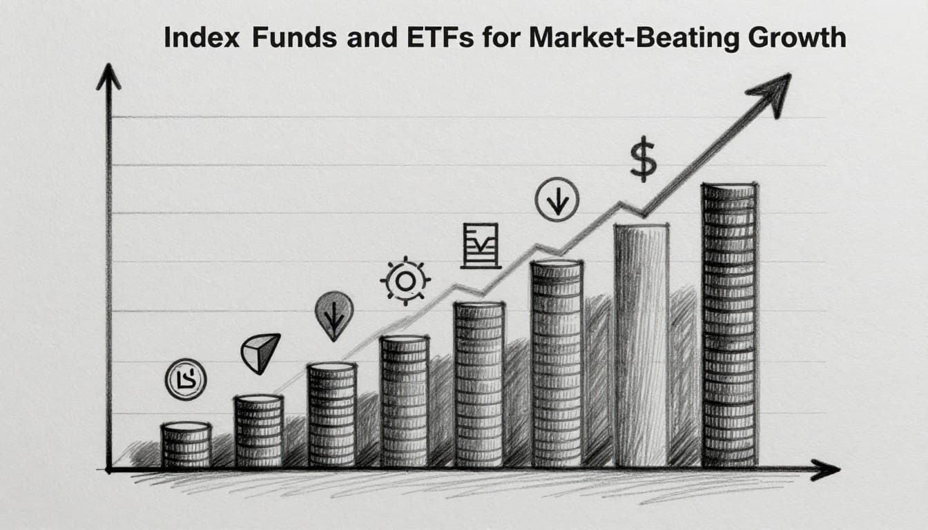Hand-drawn sketch of rising stock charts over time with icons for funds and dividends in a diversified portfolio, depicting abstract wealth growth on a desk with graphite linework and light shading on light gray paper.