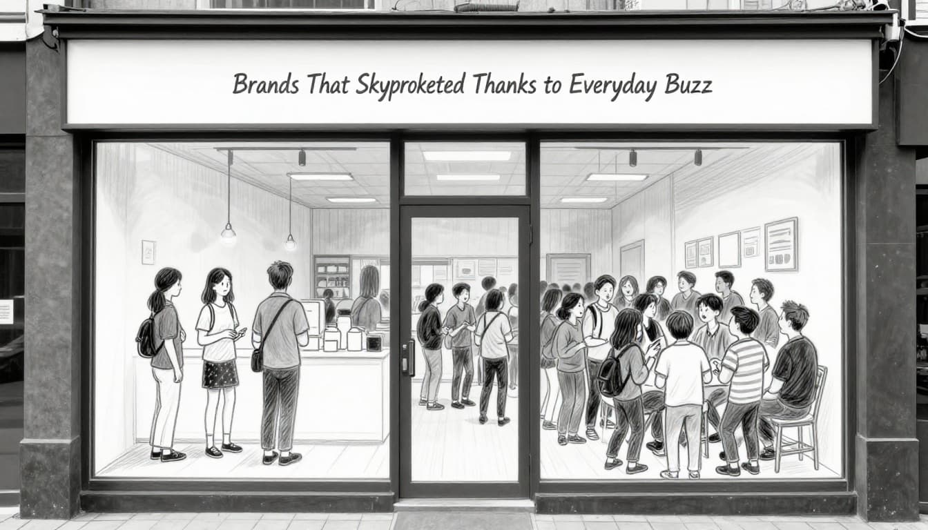 Hand-drawn split-scene sketch of a small business storefront with a tiny crowd before word-of-mouth buzz and a large excited crowd after, showing dramatic growth. Graphite linework with light shading on clean white paper, exactly six people total.