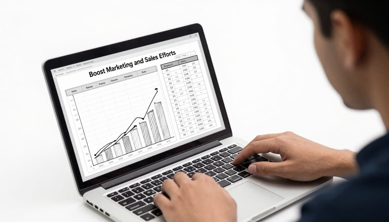 Hand-drawn graphite sketch of a small business owner in a shop, side view, reviewing sales charts and ad campaign results on a laptop with both hands, focused on growth metrics, light shading on clean white background.