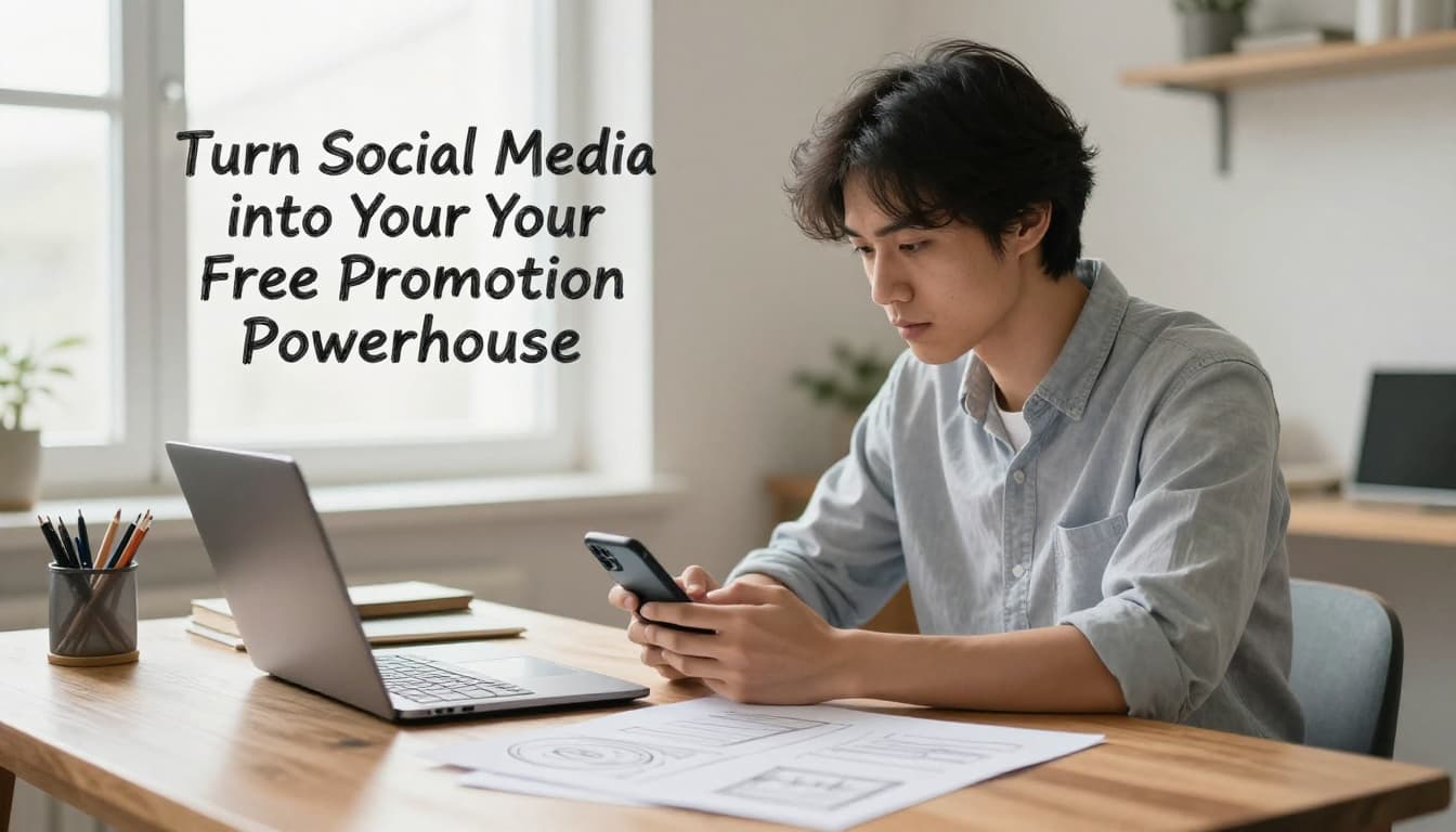 Hand-drawn graphite sketch of a small business owner at a wooden desk in a cozy home office, typing on a laptop and holding a smartphone to create a social media post, with devices in foreground and soft window light.