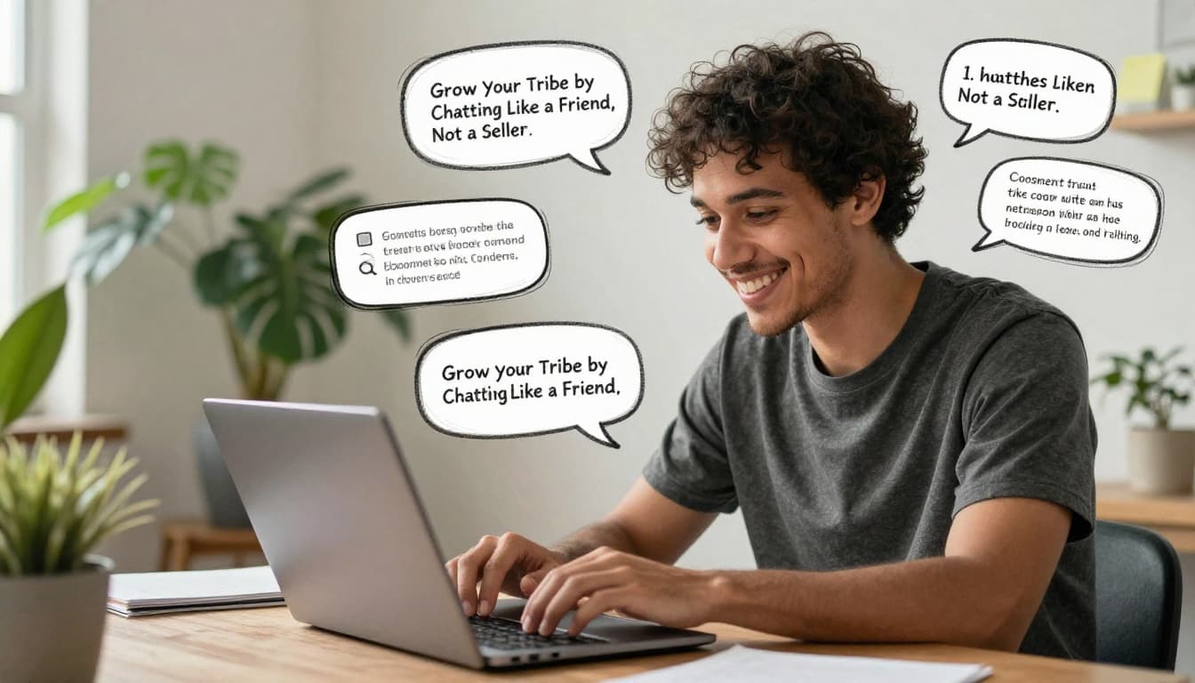 Hand-drawn graphite sketch of a smiling entrepreneur typing relaxed replies on a laptop amidst floating chat bubble icons, in a cozy home office with plants and sticky notes on a clean white background.