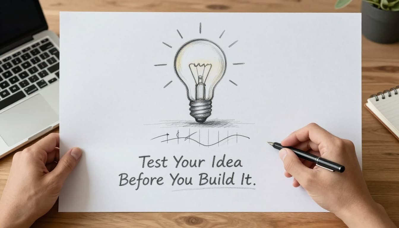 Hand-drawn sketch of a solo founder at a wooden desk in a cozy home office, featuring a lightbulb idea above their head, laptop displaying simple validation graphs, and a notebook with pen. Graphite linework with light shading on clean light gray paper background, landscape composition.