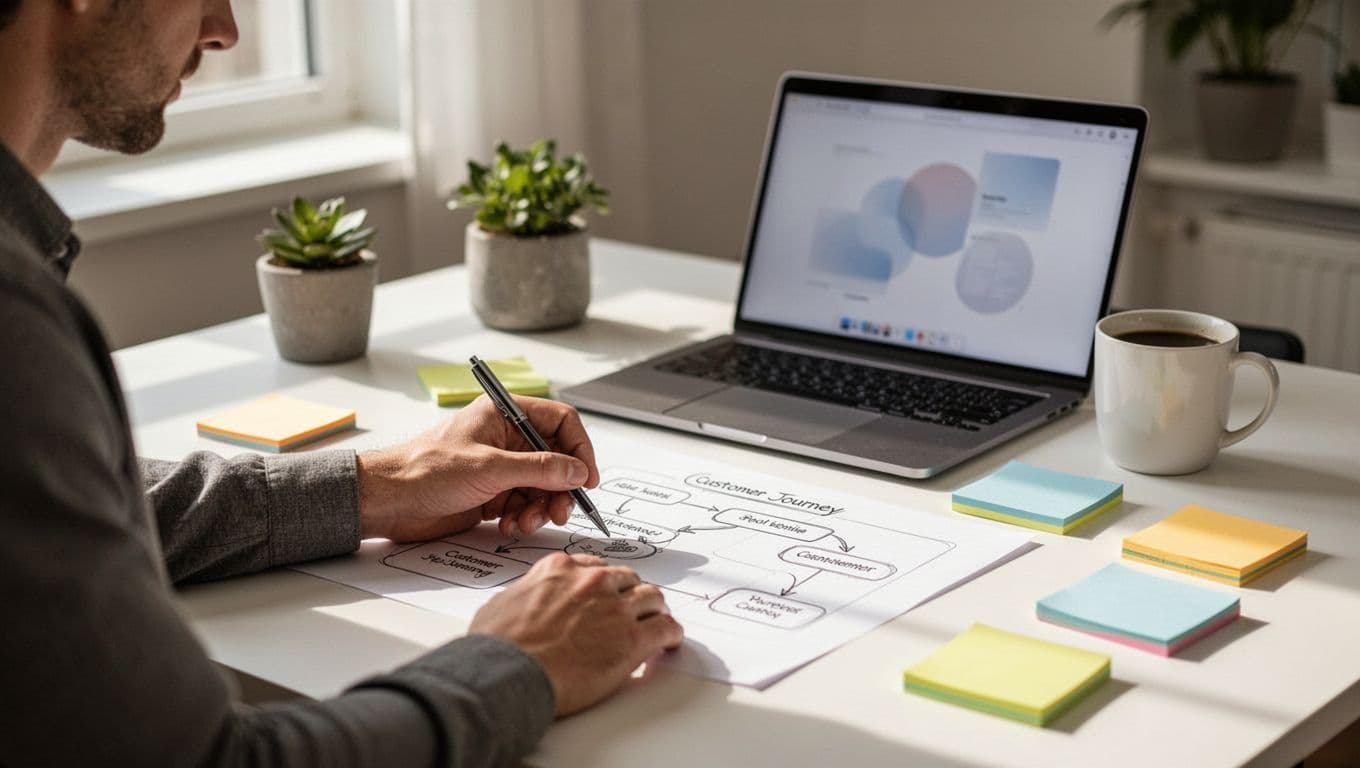 Hand-drawn graphite sketch of a solopreneur at a home office desk drawing a customer journey map with awareness, consideration, and decision stages, sticky notes for polls and quizzes, nearby laptop with blurred Canva, coffee mug, and plant.