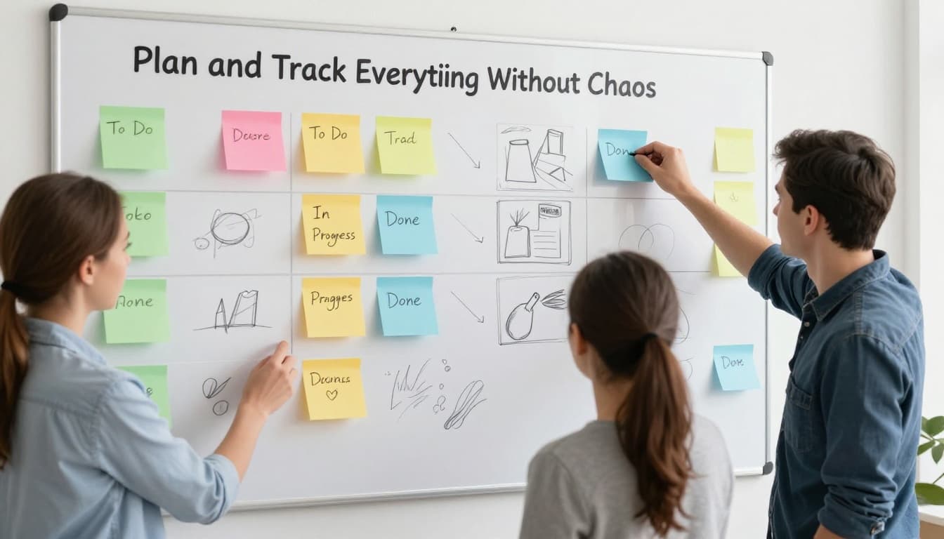Small team of three people around a wall-mounted kanban board with colorful cards in To Do, In Progress, Done columns; one person dragging a card in hand-drawn sketch style with graphite linework.