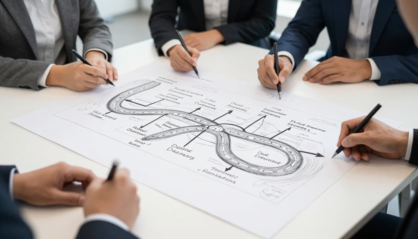 Three business professionals gathered around a conference table, sketching a detailed winding road map with milestones, targets, and arrows on large paper in a modern office. Hand-drawn graphite sketch style with light shading on clean white paper, front view focused on collaboration.