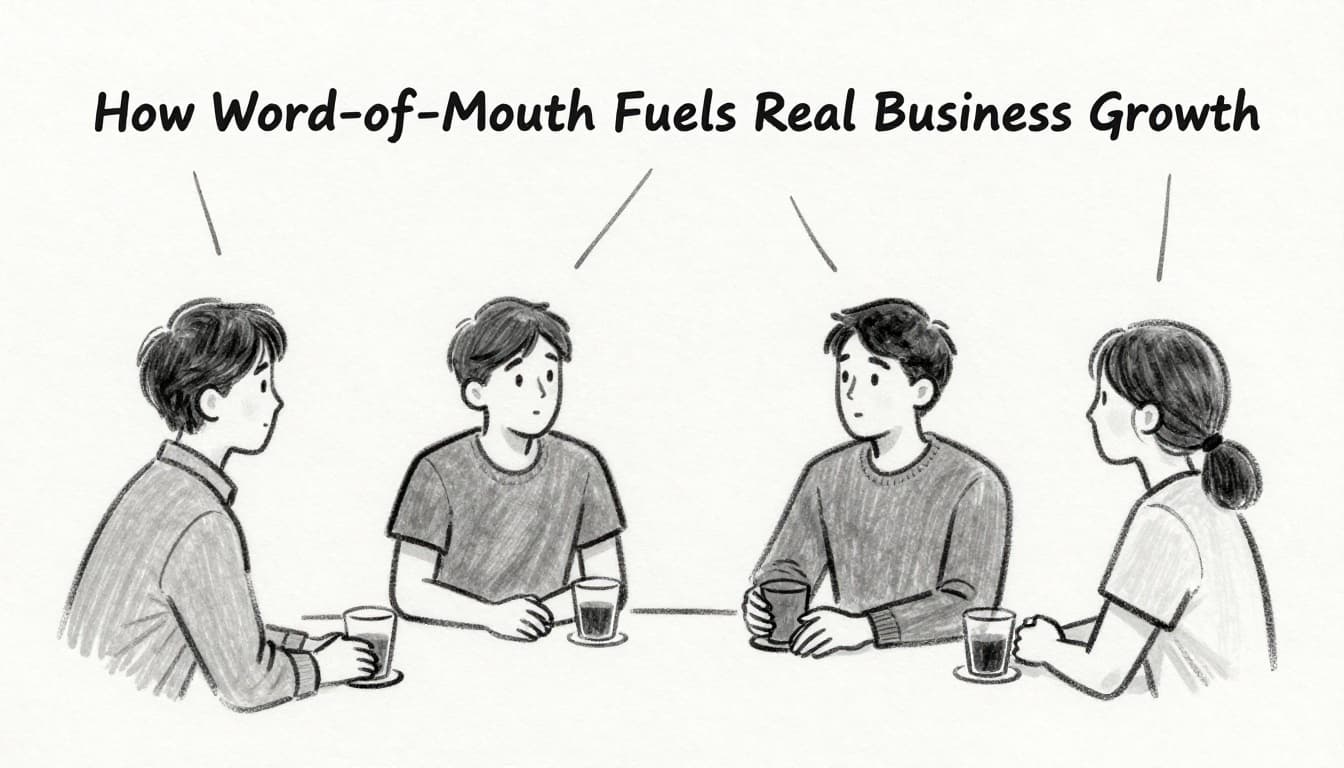Chain of four friends chatting casually in a coffee shop, one recommending a product with lines extending outward to show word spreading and growing customer network. Hand-drawn graphite sketch style with light shading on clean light gray paper background, no color, text, or logos.