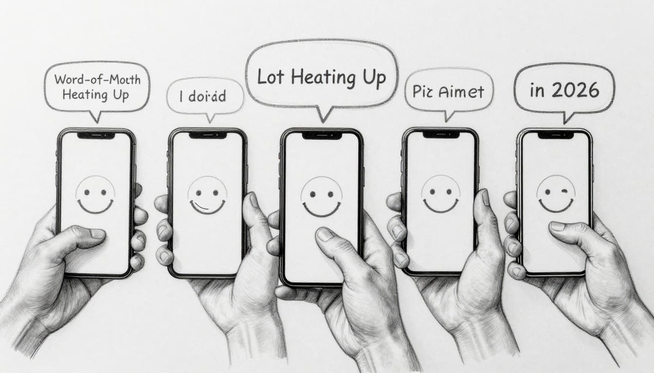 Hand-drawn sketch of five smartphones with resting hands, connected by speech bubbles featuring happy faces, depicting the social network effect on a light gray background.